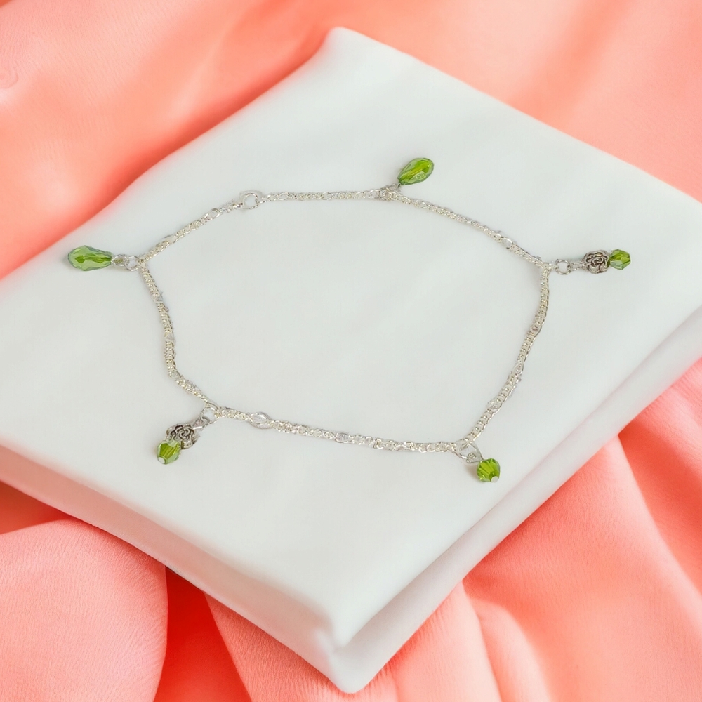 Dainty Silver Figaro Chain Ankle Bracelet Green Floral Charms Plus Size Beachy